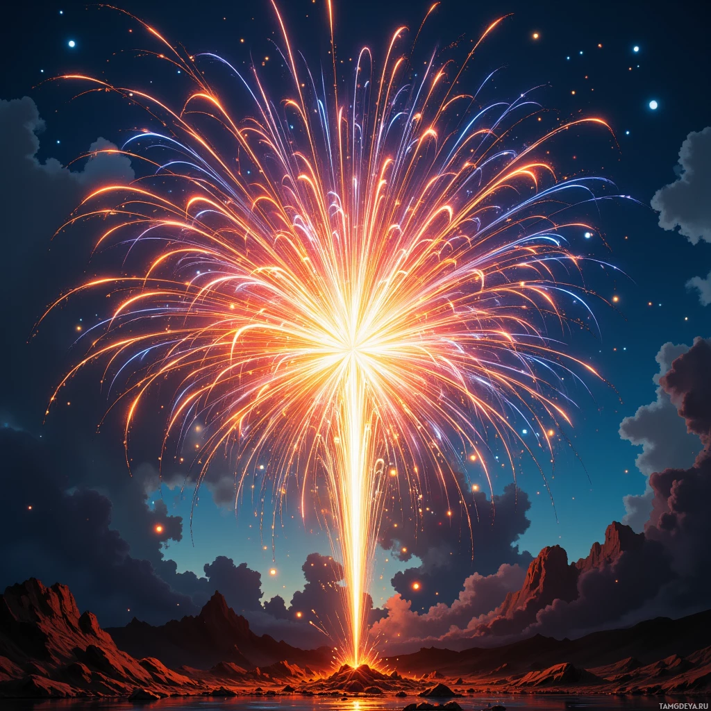 A vibrant fireworks display illuminates the night sky over a rugged landscape.