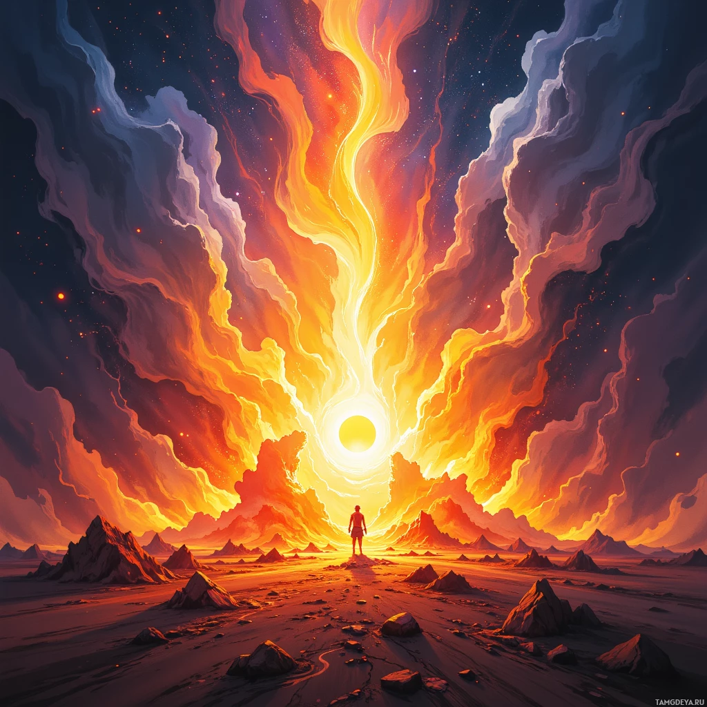 A lone figure stands on a rocky landscape under a dramatic sky filled with swirling clouds and a glowing celestial body.