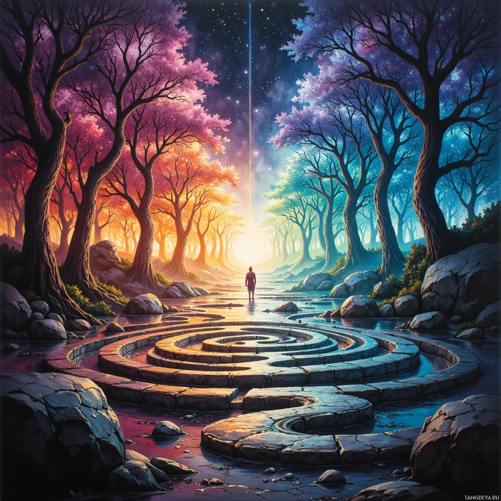A person stands at the center of a stone labyrinth surrounded by colorful trees and a starry sky.