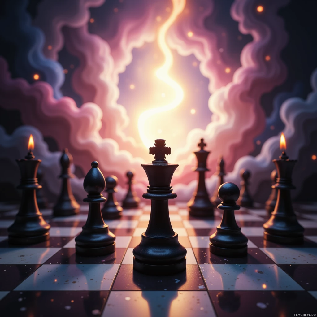 A chessboard with black pieces arranged in a strategic formation against a backdrop of swirling clouds and a glowing light.