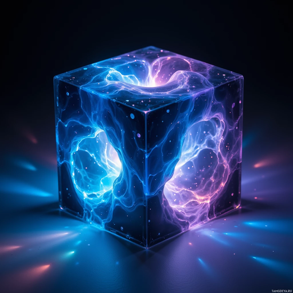 A glowing, translucent cube with swirling blue and purple energy patterns.