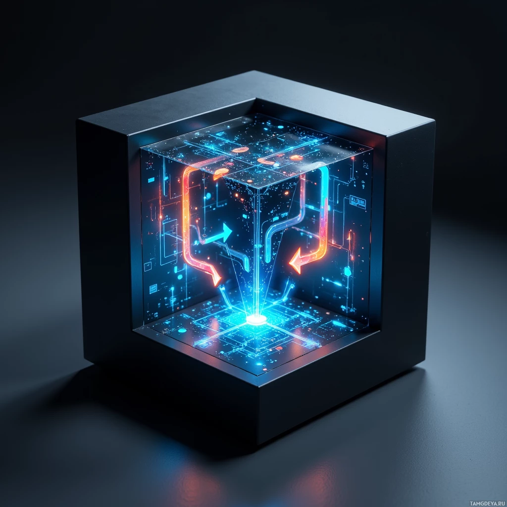 A glowing cube with intricate circuitry and neon pathways inside is illuminated against a dark background.
