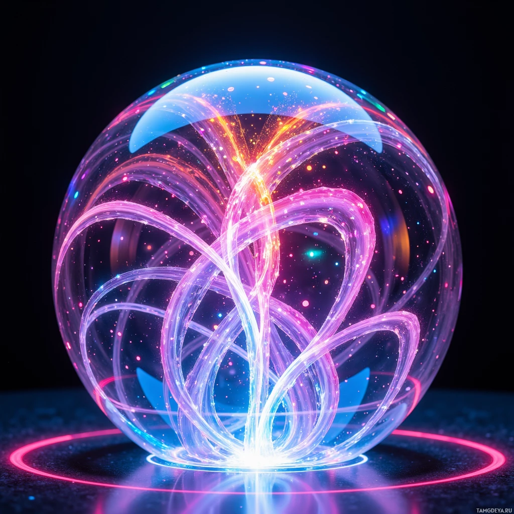 A glowing, abstract sphere with swirling light patterns and a dark background.