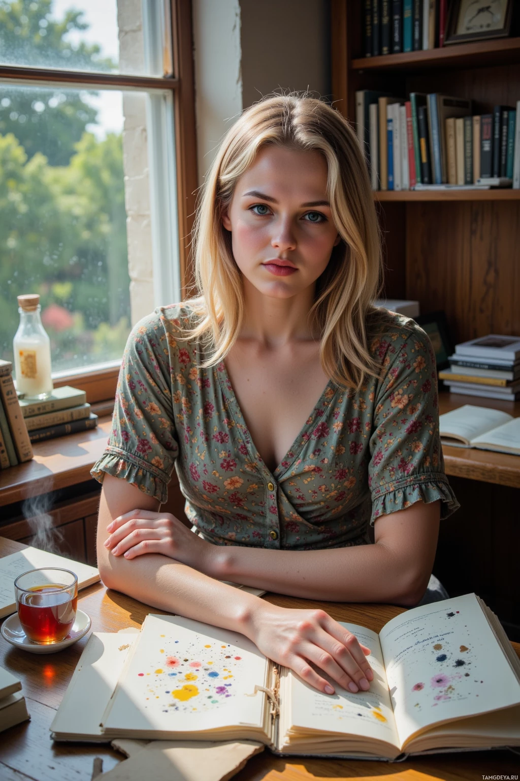 A person sits at a desk with books and a cup of tea, surrounded by a cozy, studious environment.