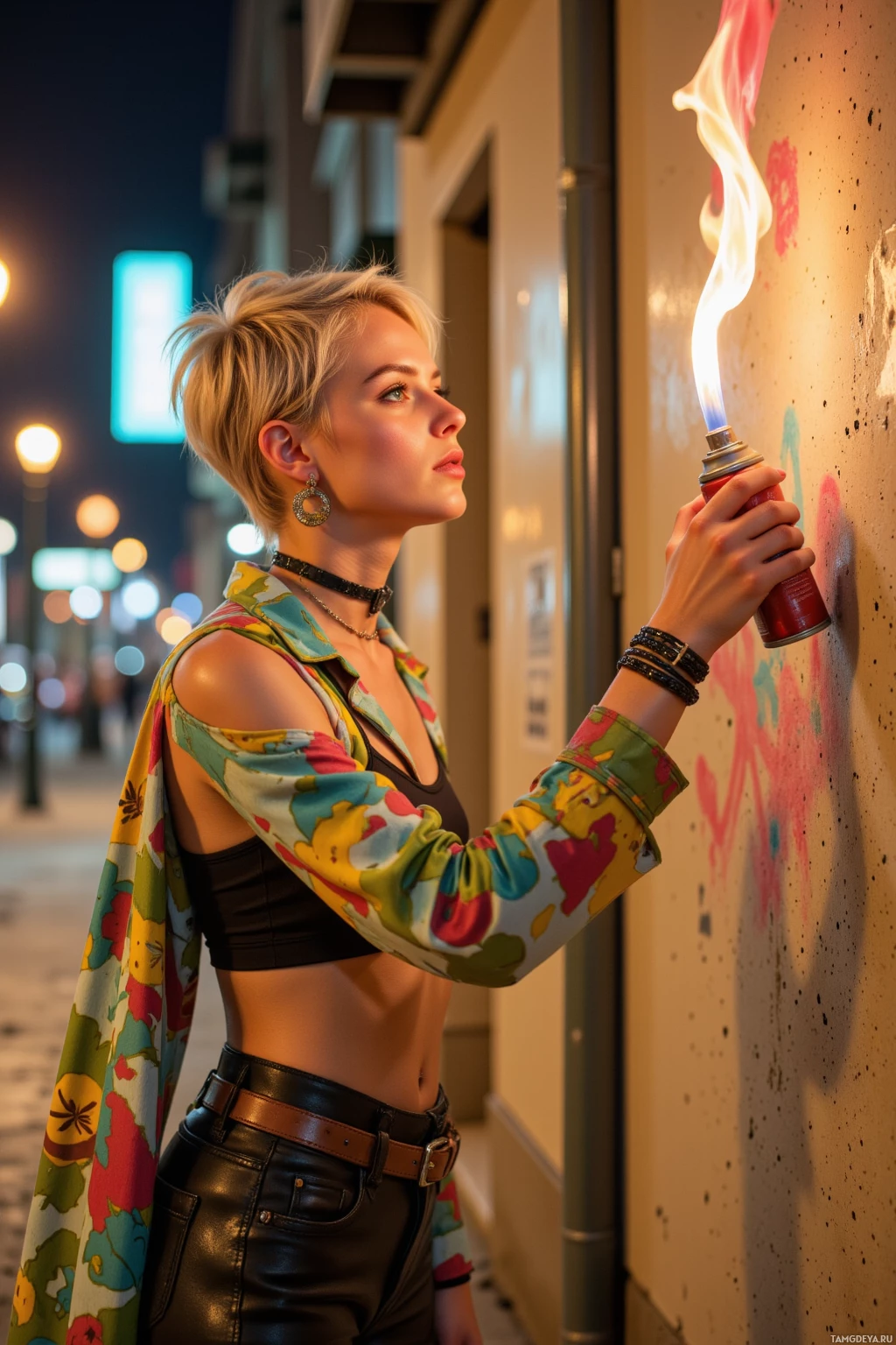 A person wearing a colorful shirt and black pants holds a spray can with flames against a wall in an urban setting at night.