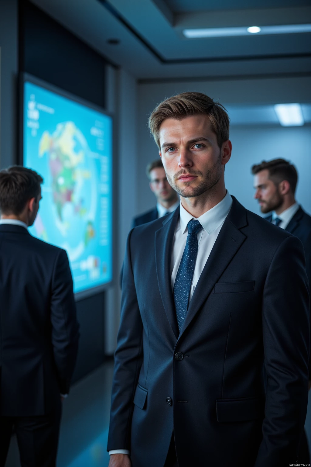 A man in a suit stands in an office setting with colleagues and a map on screen behind him.