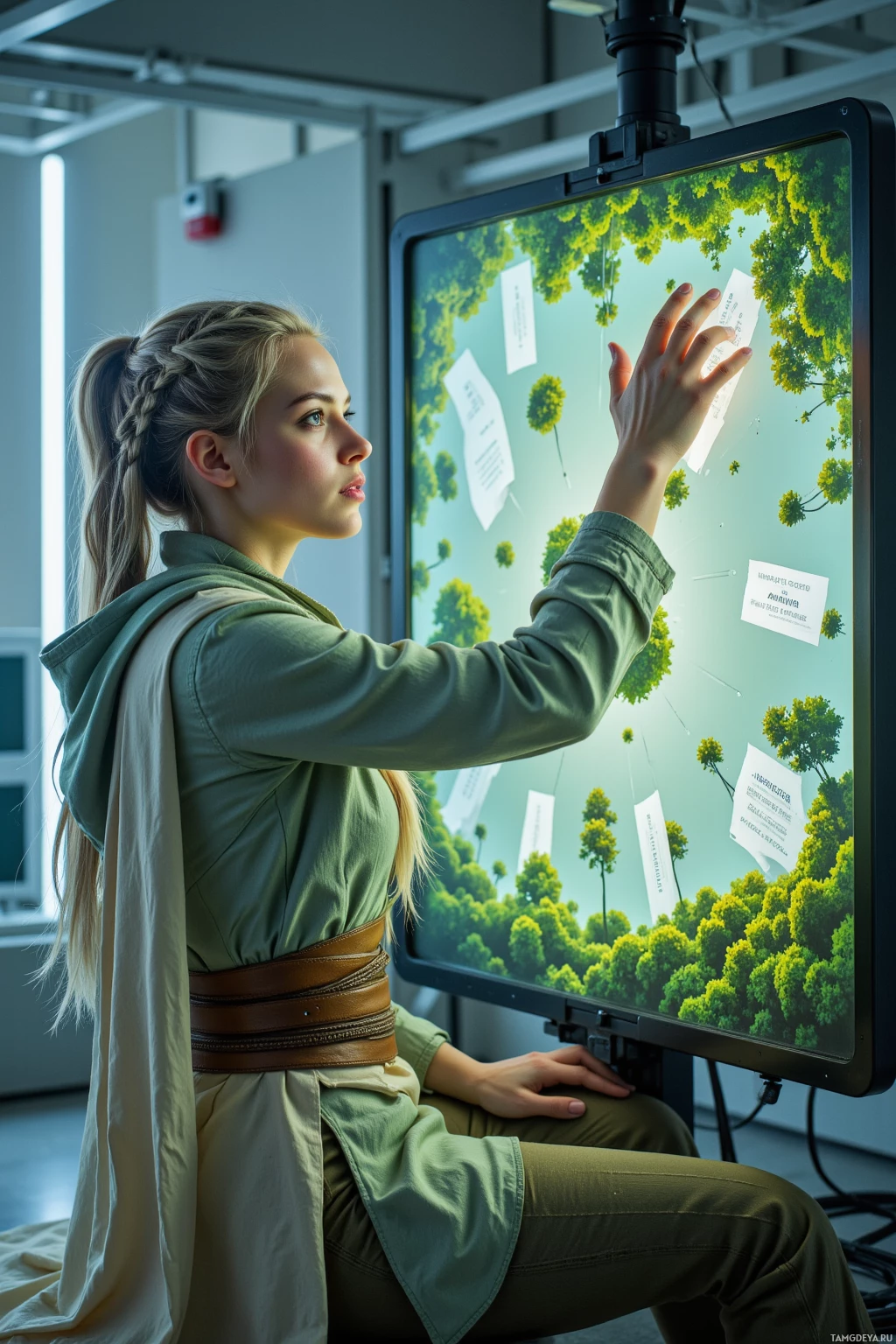 A person in a green outfit interacts with a large screen displaying a forest scene.