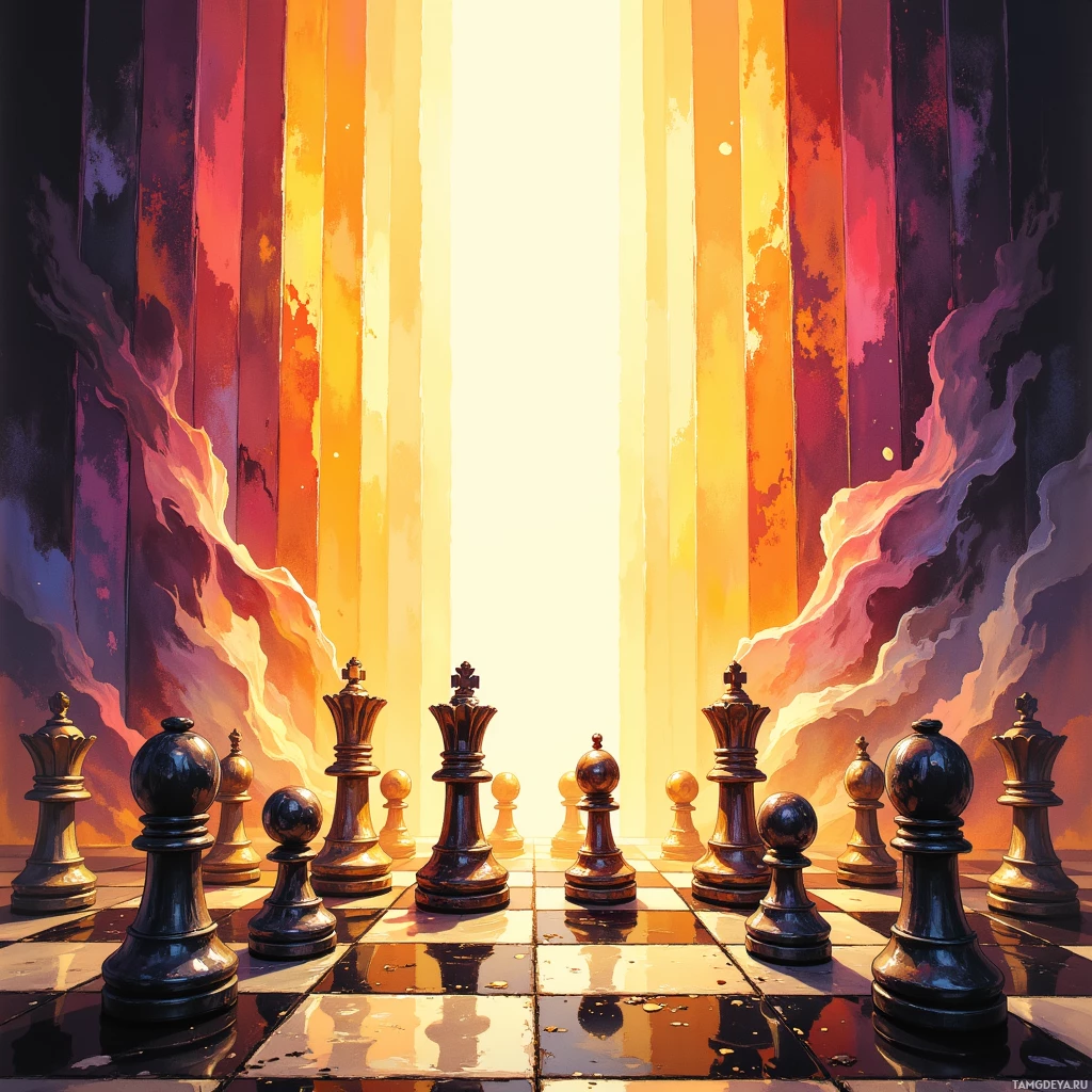 A chessboard with pieces arranged in a line, set against a vibrant, abstract background with streaks of light and color.