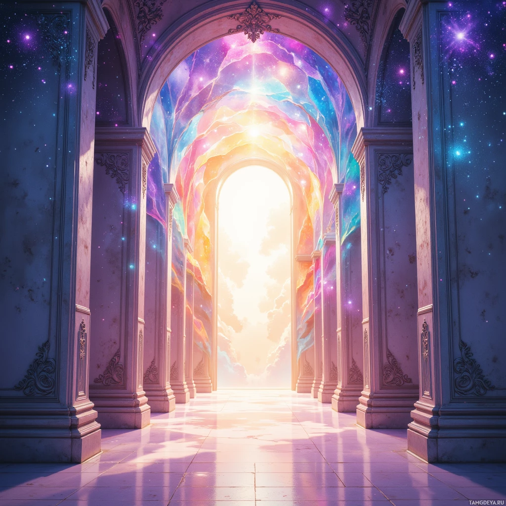 A grand, ornate archway leads to a bright, ethereal sky with vibrant colors and stars.