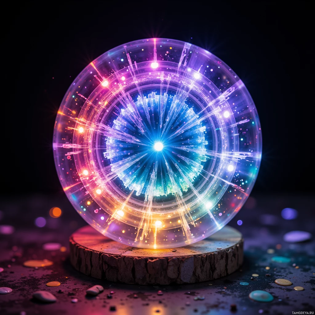 A glowing, multicolored sphere with radiant light beams and particles, resting on a wooden base.