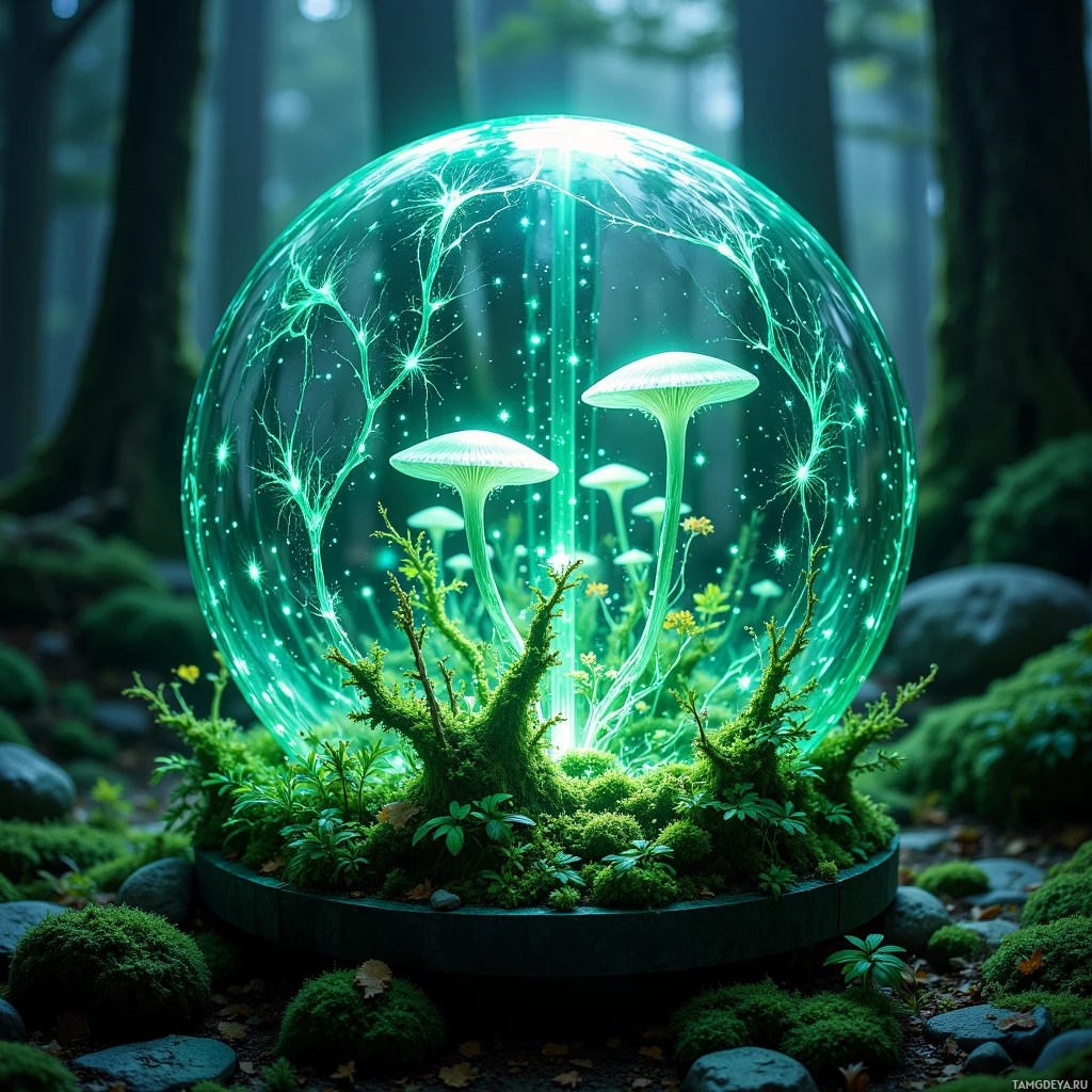 A glowing green crystal sphere encases a miniature forest scene with mushrooms and moss.