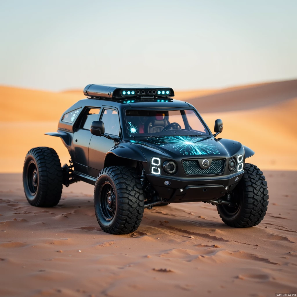 A futuristic off-road vehicle with glowing lights is parked on a sandy desert landscape.