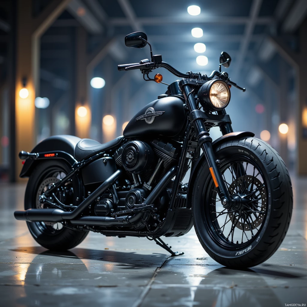 A sleek black motorcycle is parked indoors with a reflective floor and warm lighting in the background.