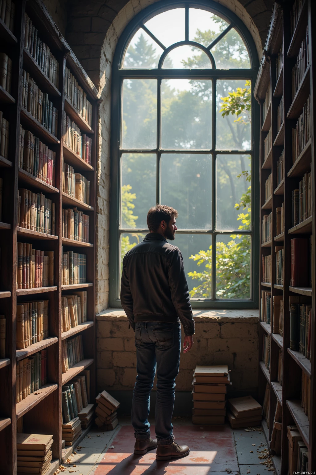 A man stands in front of an arched window surrounded by bookshelves filled with books.