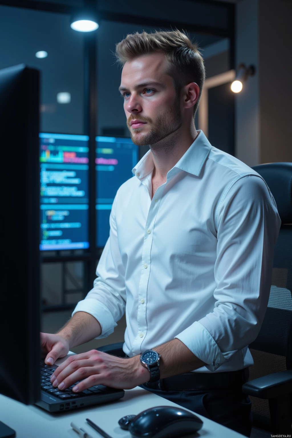A person in a white shirt is working at a computer in a modern office setting.
