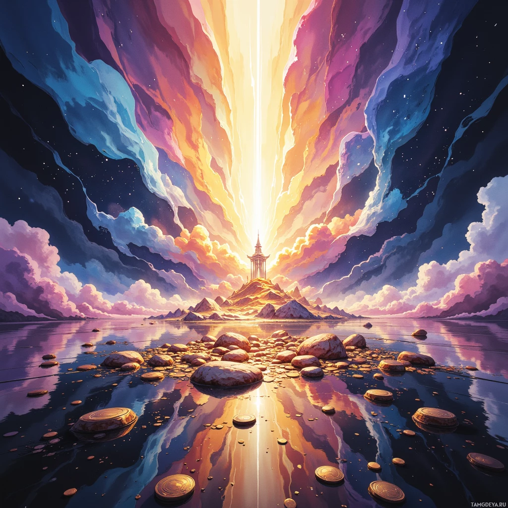 A serene landscape featuring a glowing tower on a rocky island surrounded by calm waters under a vibrant sky with streaks of light and clouds.