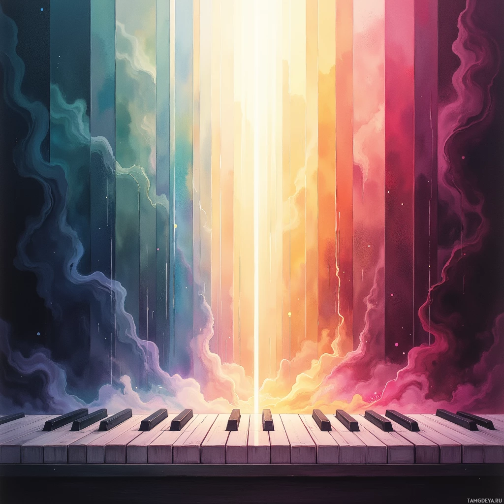 A vibrant, abstract image featuring a piano keyboard at the bottom and a colorful, radiant background with vertical light beams.