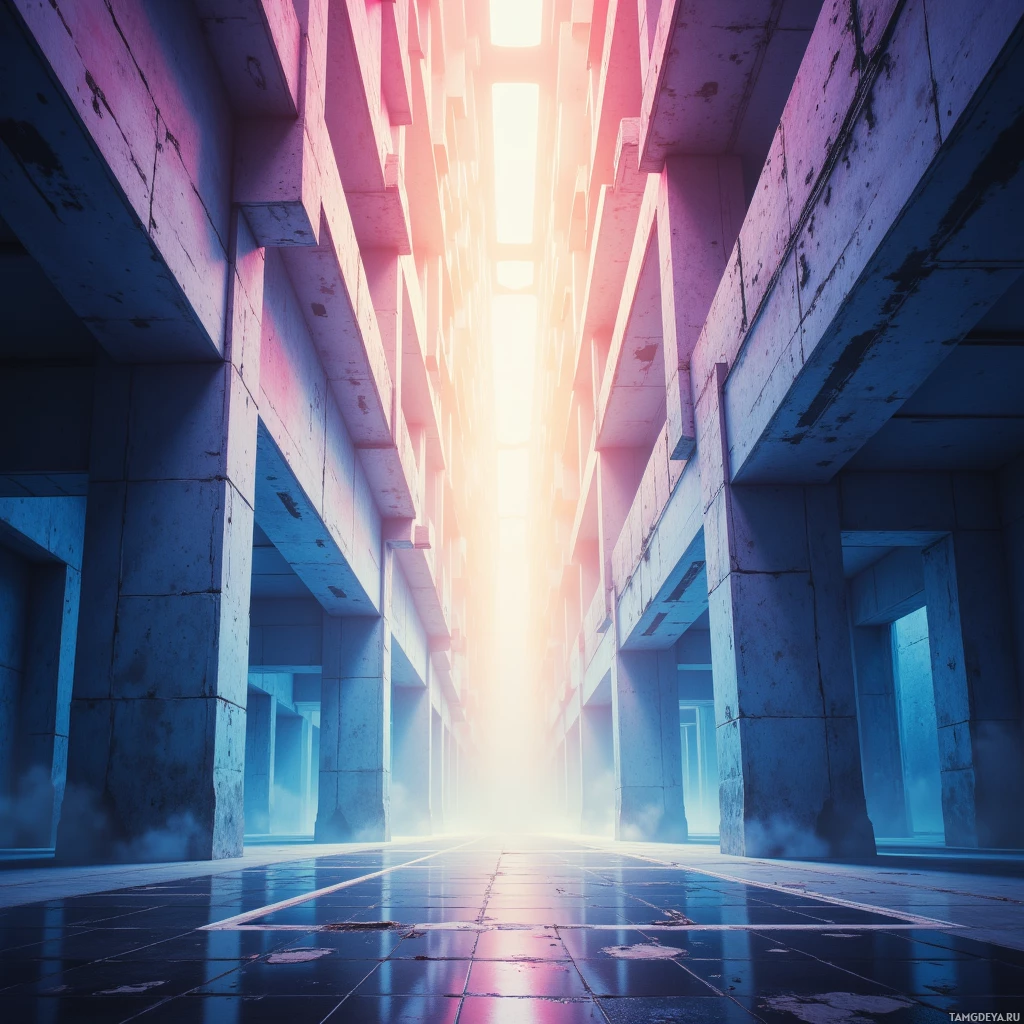 A futuristic corridor with glowing light at the end.