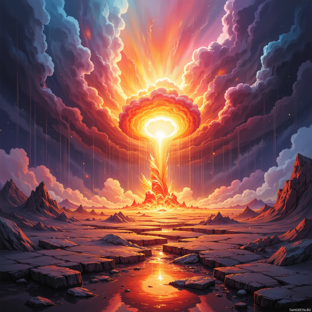 A vibrant explosion illuminates a rugged landscape with dramatic clouds and molten lava.