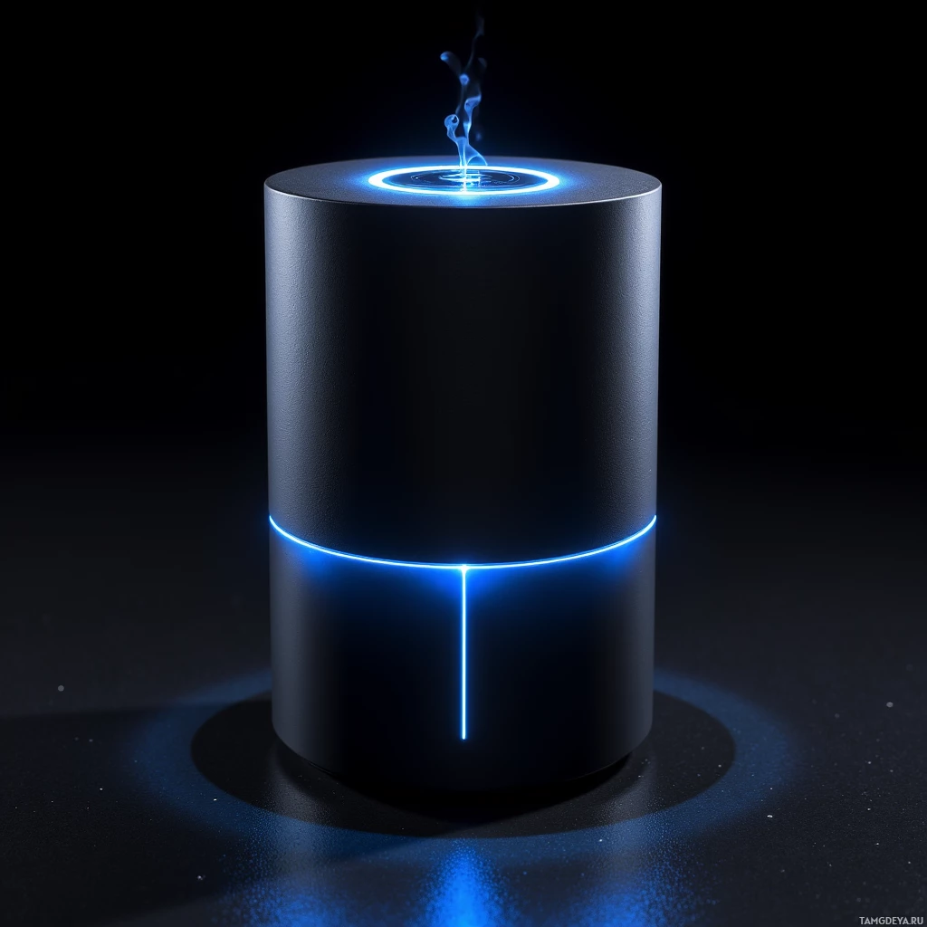 A cylindrical object with glowing blue lines and a small blue flame-like effect at the top.