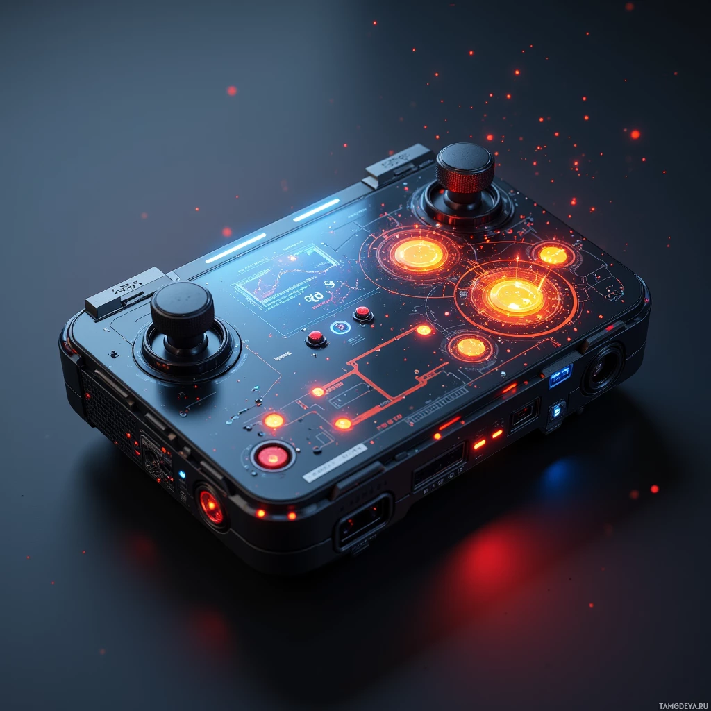 A futuristic gaming controller with glowing red and orange lights.