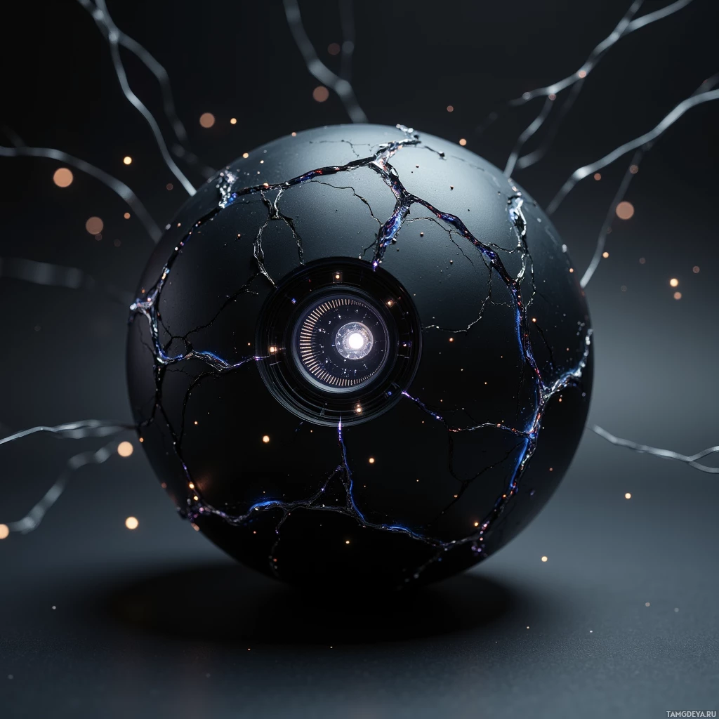 A cracked, glowing sphere with intricate patterns and light effects against a dark background.