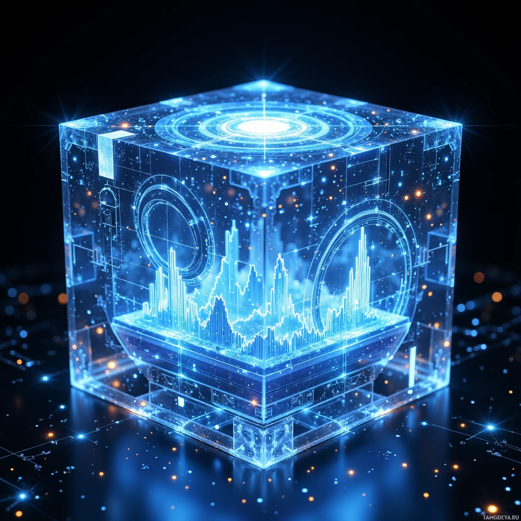 A glowing, futuristic cube with holographic cityscape and digital patterns.
