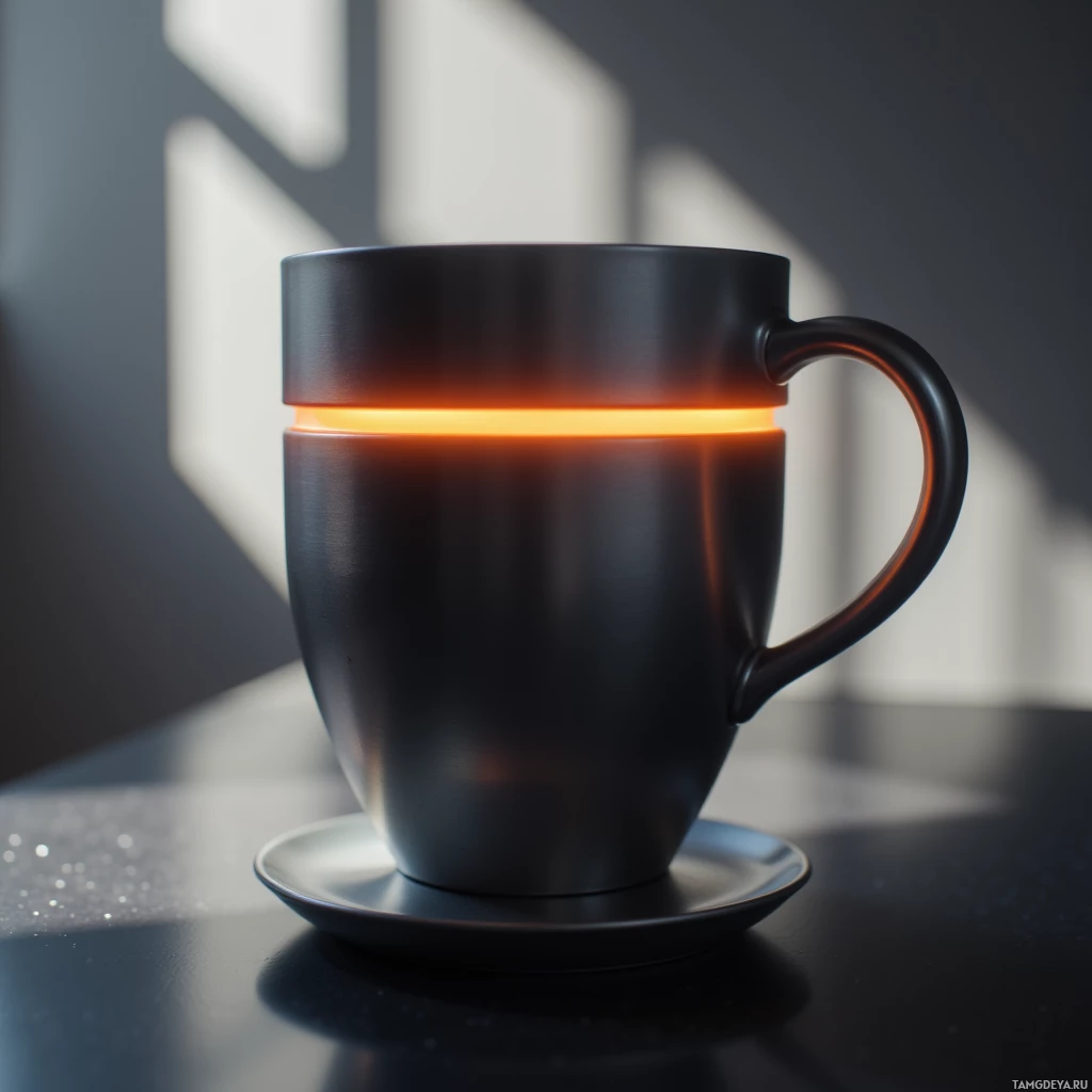 A black mug with a glowing orange band sits on a matching saucer.