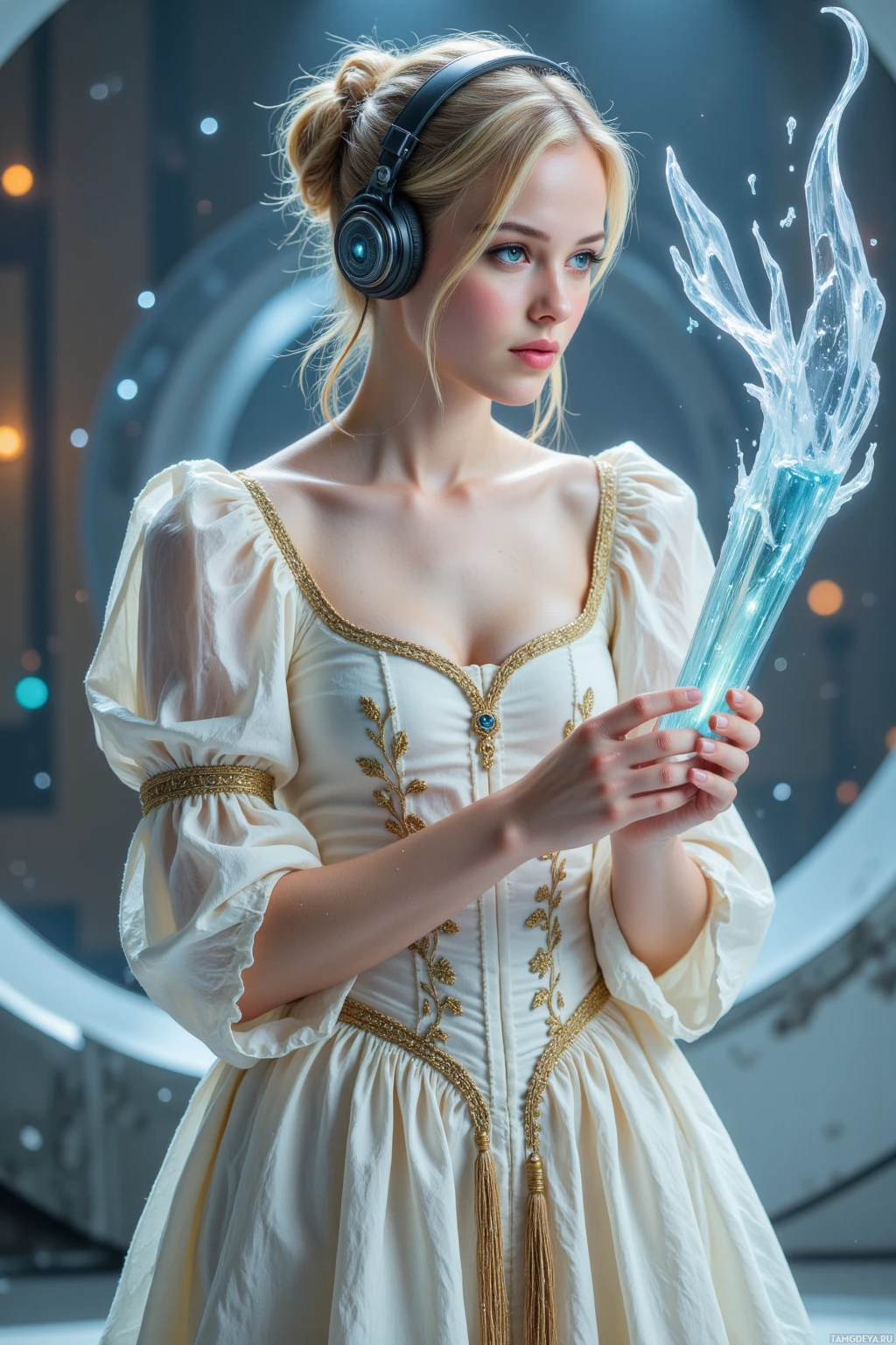 A person in an elegant white dress with gold embroidery holds a glowing wand, wearing headphones and standing against a futuristic background.