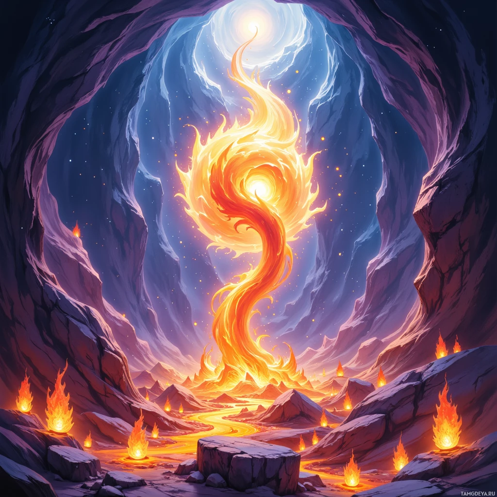 A fiery vortex rises from a rocky landscape, with glowing embers and a bright light at the cave's entrance.