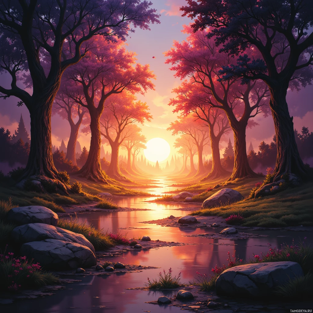 A serene forest scene with a river at sunset, featuring vibrant pink and purple hues.
