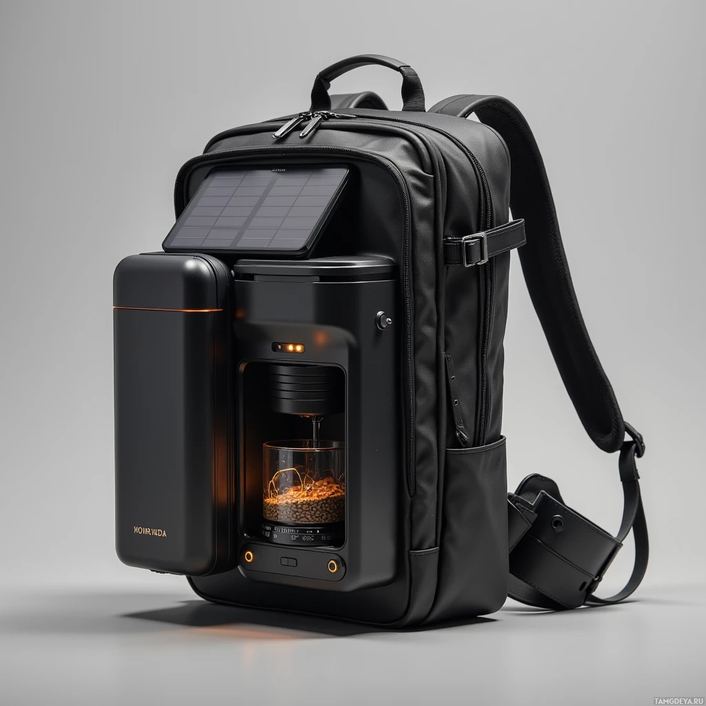 A black backpack with a built-in solar-powered coffee maker.