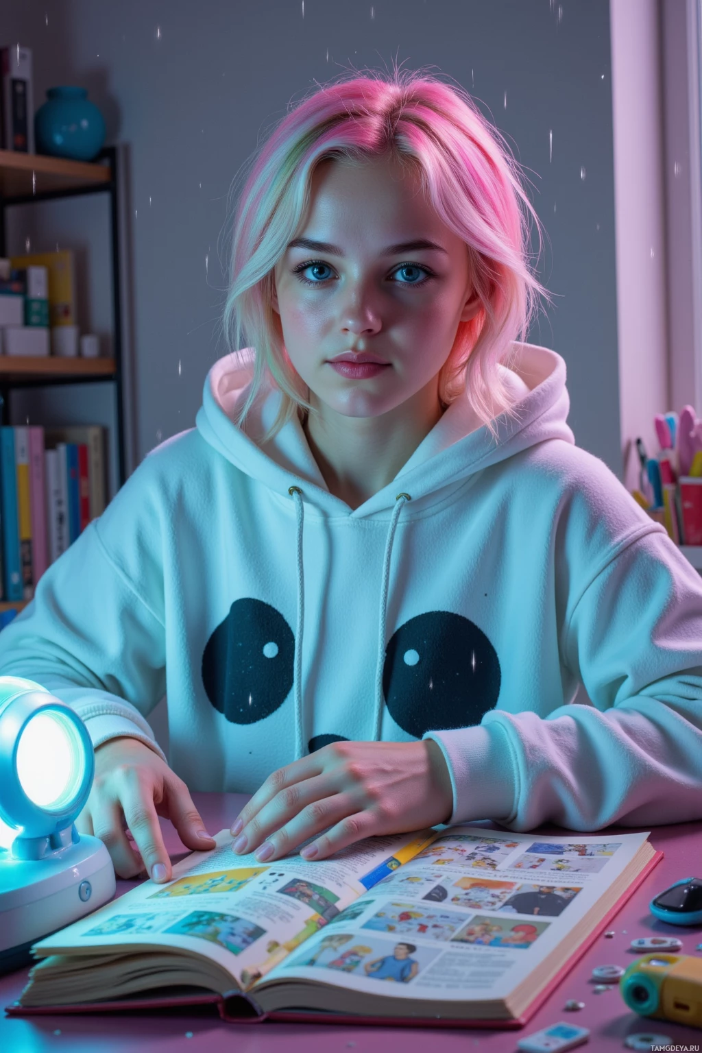 A person wearing a panda hoodie sits at a desk with an open book and a small lamp, surrounded by various items on shelves in the background.
