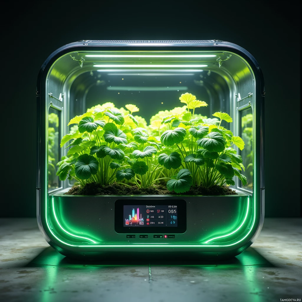 A small, illuminated indoor grow box with lush green plants inside.