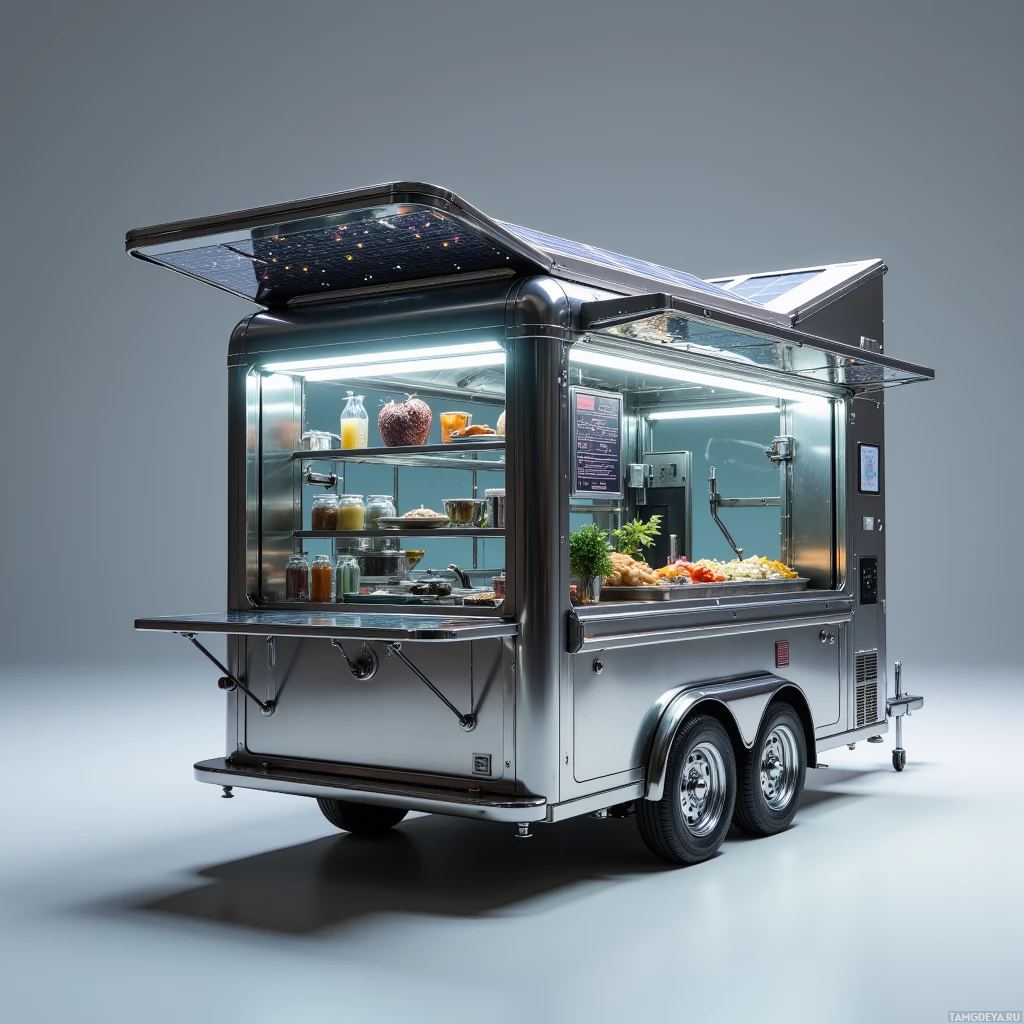 A modern food truck with a solar panel roof and illuminated interior showcasing food and drinks.