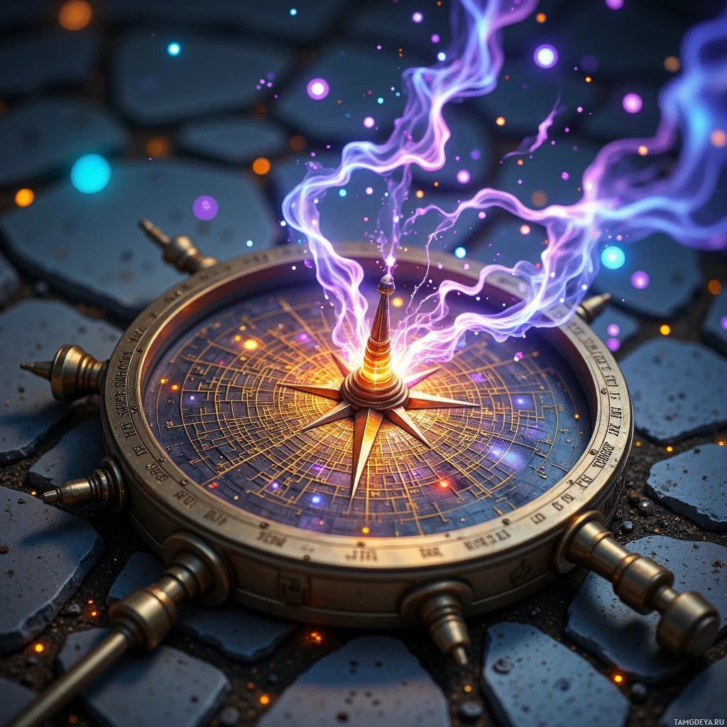 A compass with glowing purple energy emanating from its center is set against a dark, starry background.