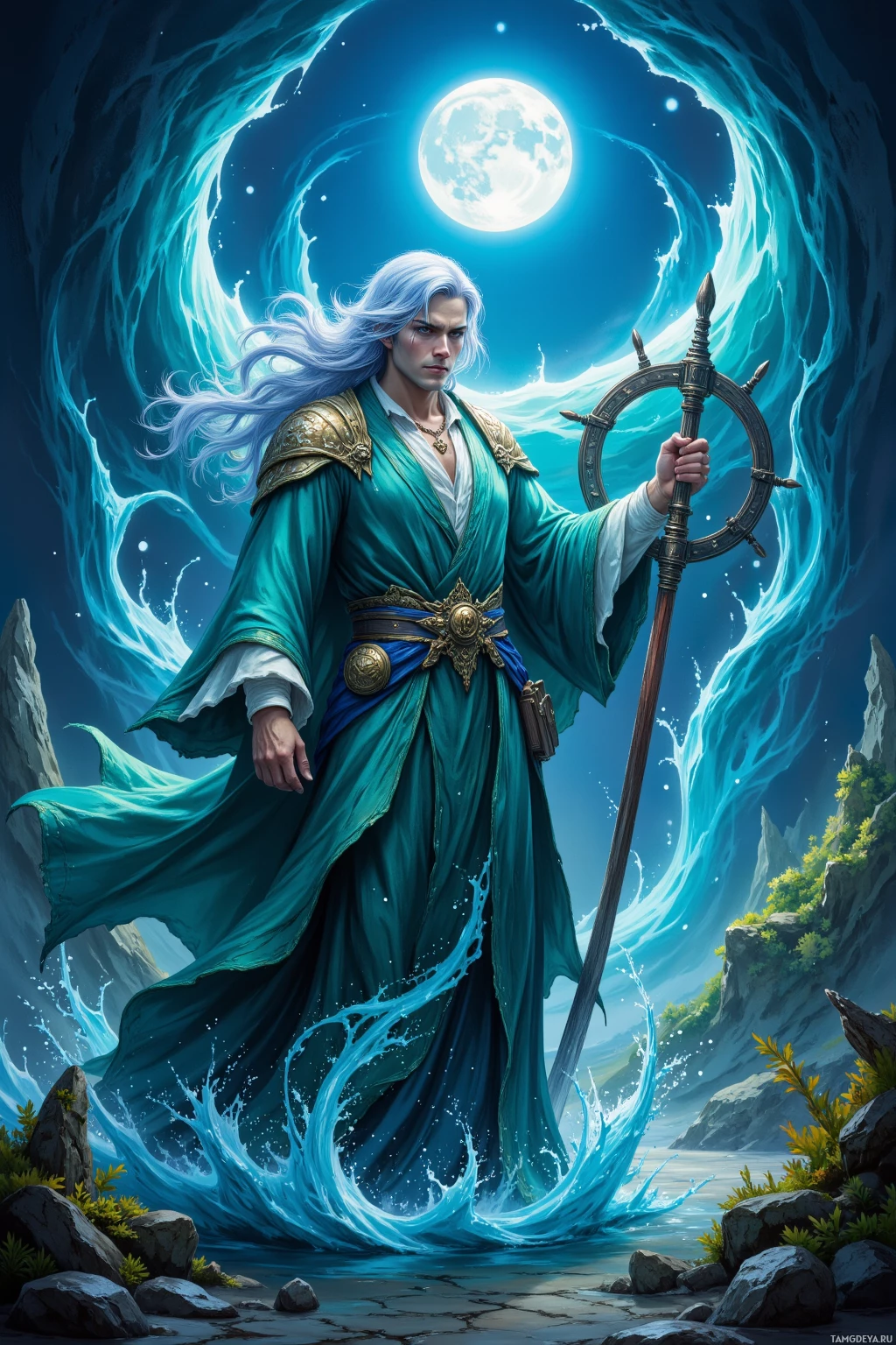 A figure in a flowing teal robe holds a staff, standing amidst swirling blue energy under a full moon.