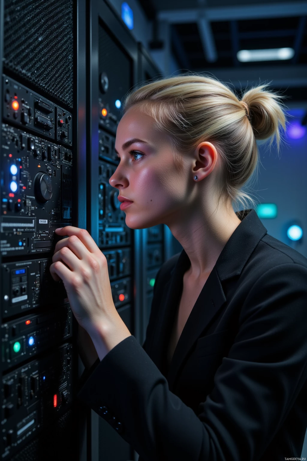 A person in a black blazer is working on server equipment in a dimly lit room with blue lighting.