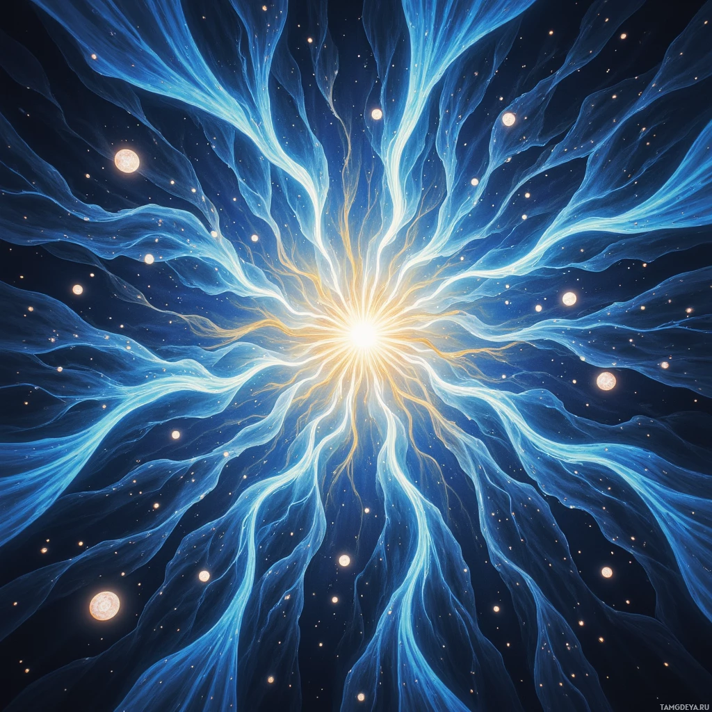 A radiant burst of blue and yellow light emanates from a central point against a starry night sky.