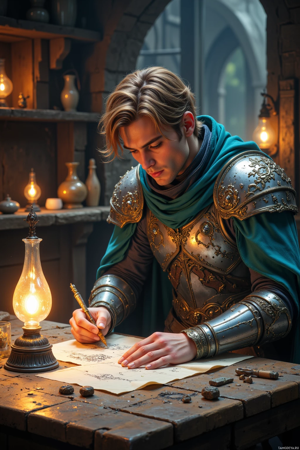 A person in armor is writing on a map at a table with a lamp.