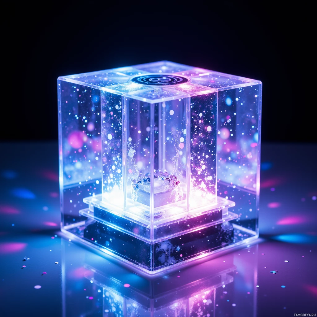 A glowing, transparent cube with a cosmic interior and vibrant light effects.