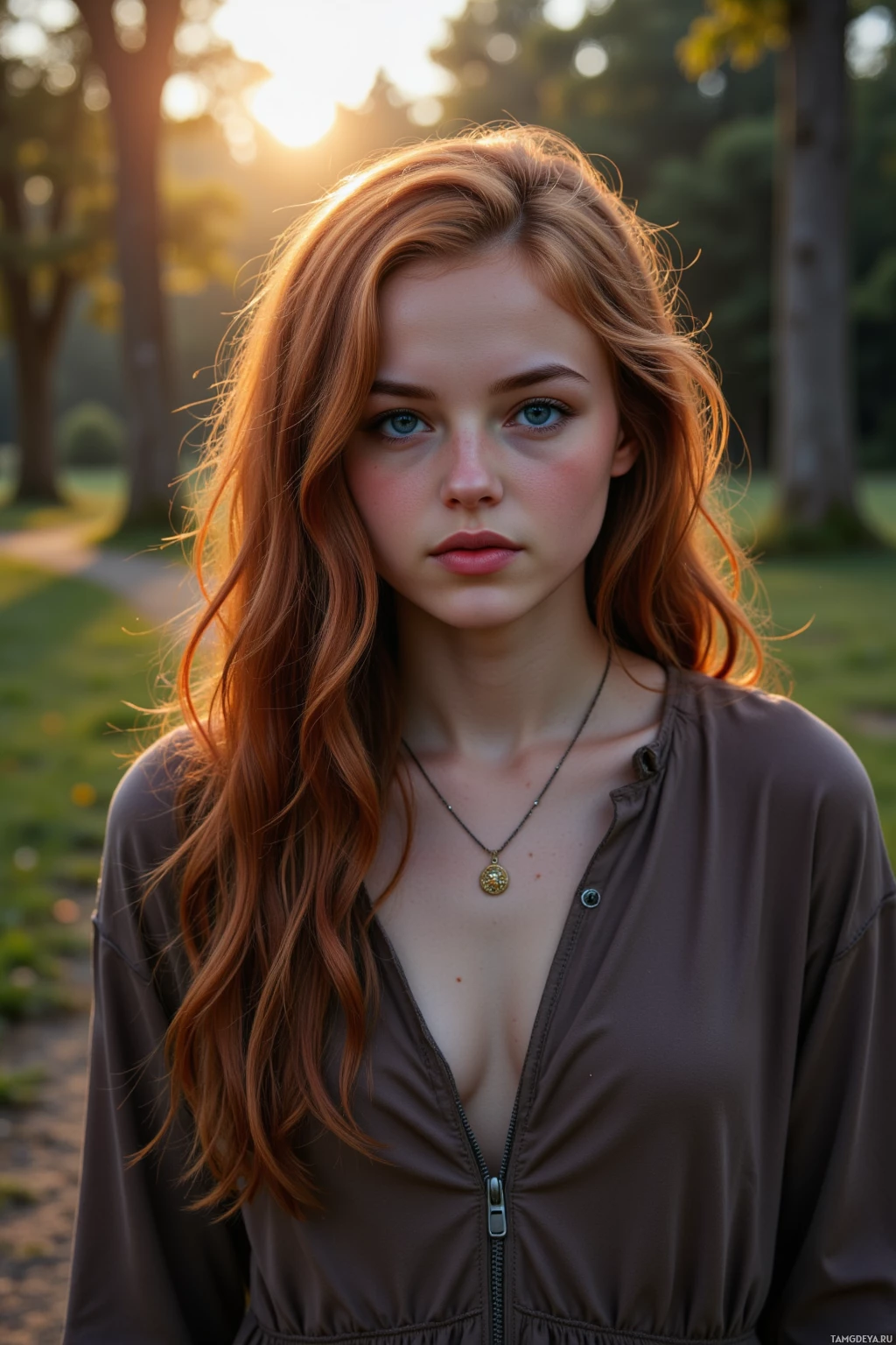 A person with long, wavy red hair wearing a brown top and a necklace, standing outdoors with sunlight in the background.