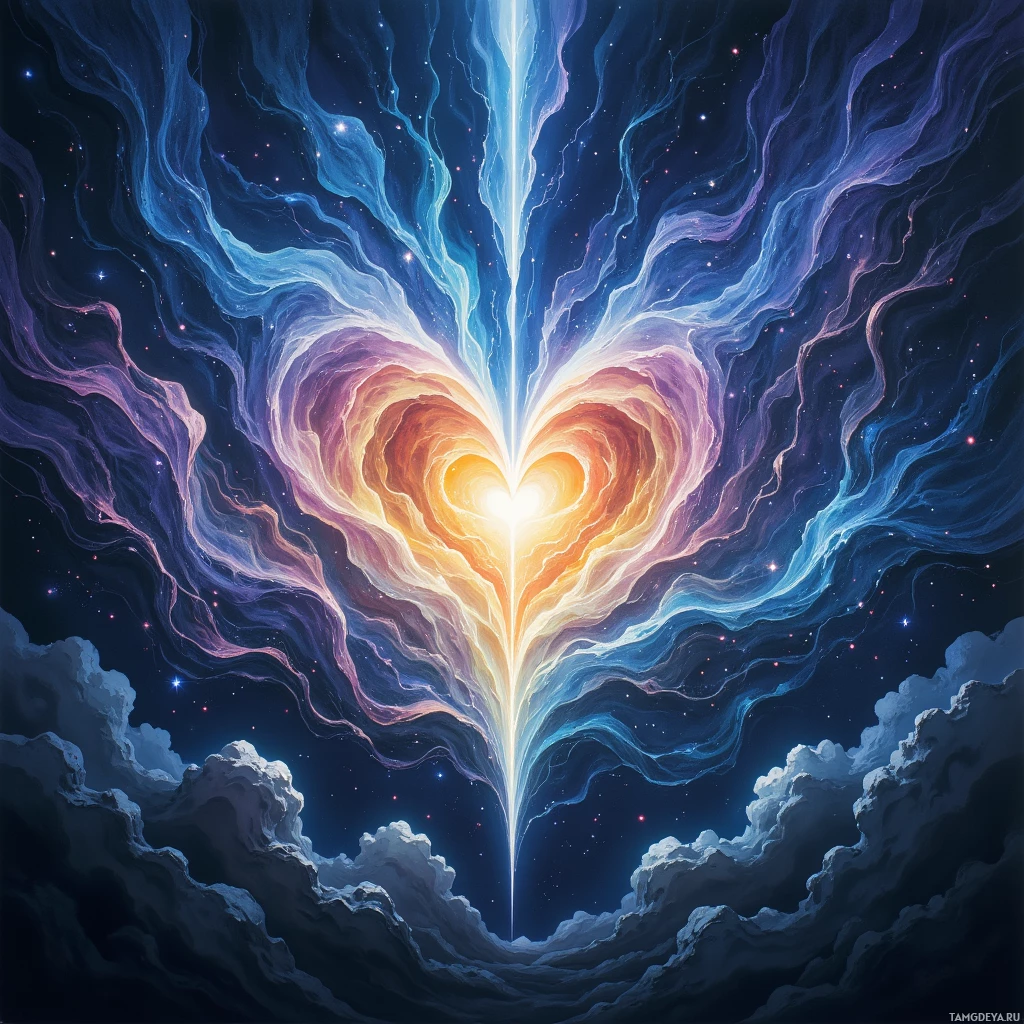 A vibrant heart-shaped figure radiates energy and light against a cosmic backdrop.