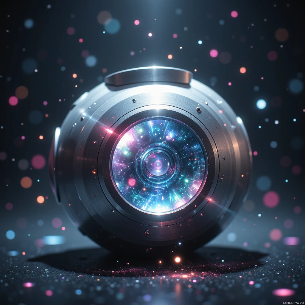 A futuristic, metallic sphere with a glowing, colorful interior and sparkling particles in the background.
