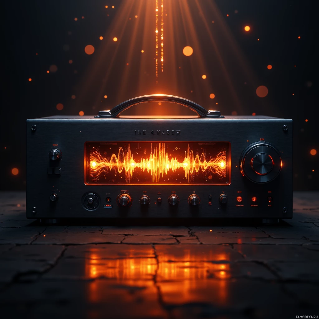 A vintage-style amplifier with glowing orange sound waves and control knobs is displayed against a dark background with light beams.