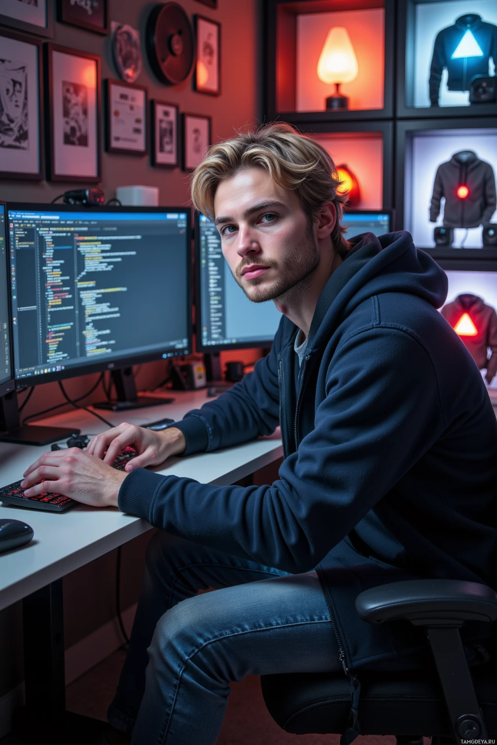 A person is sitting at a desk with two computer monitors displaying code, wearing a dark hoodie and jeans.