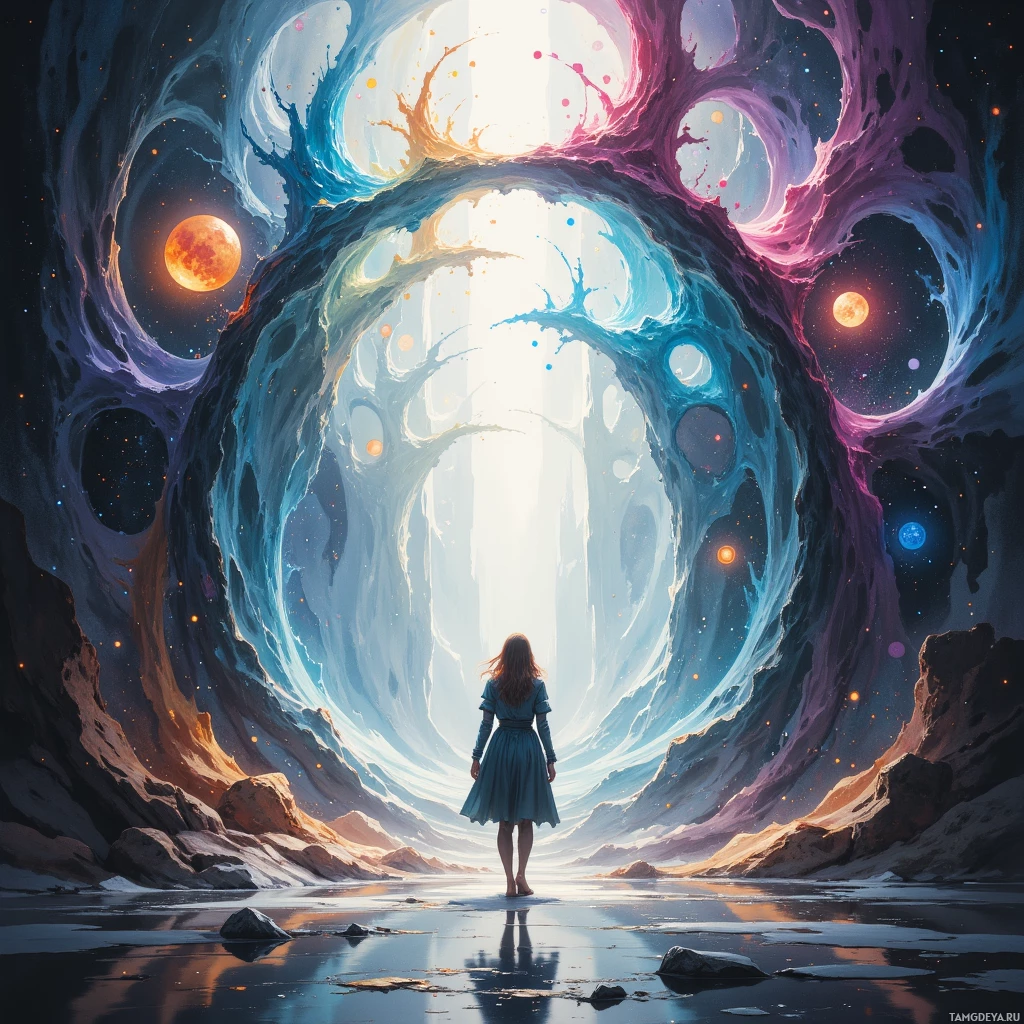 A person stands at the entrance of a cosmic portal, gazing into a bright, ethereal light.