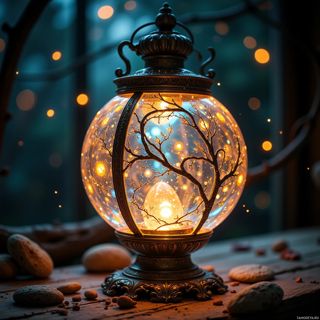 A glowing lantern with a tree design inside, placed on a wooden surface with scattered stones.