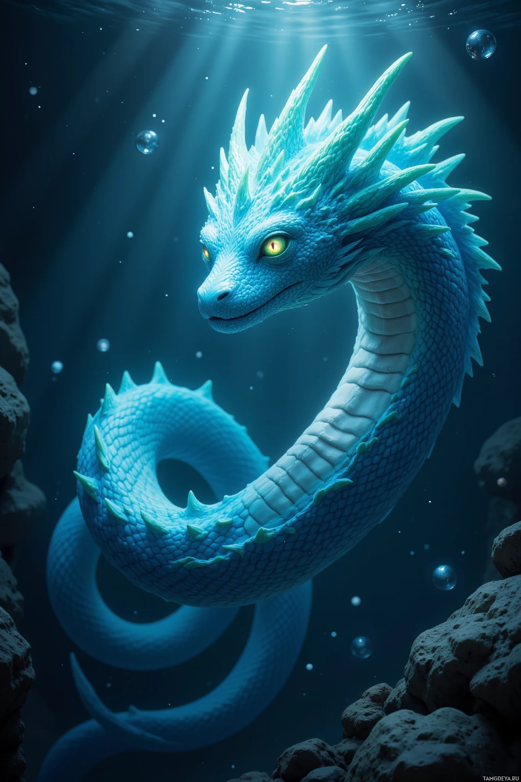 A blue dragon with spiky scales and glowing eyes swims underwater.