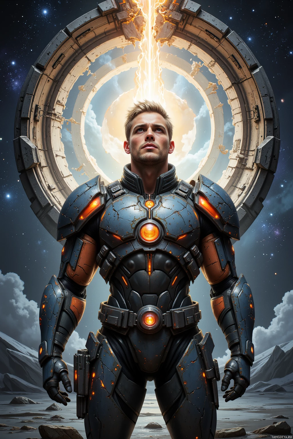 A futuristic armored figure stands before a glowing portal in a starry sky.